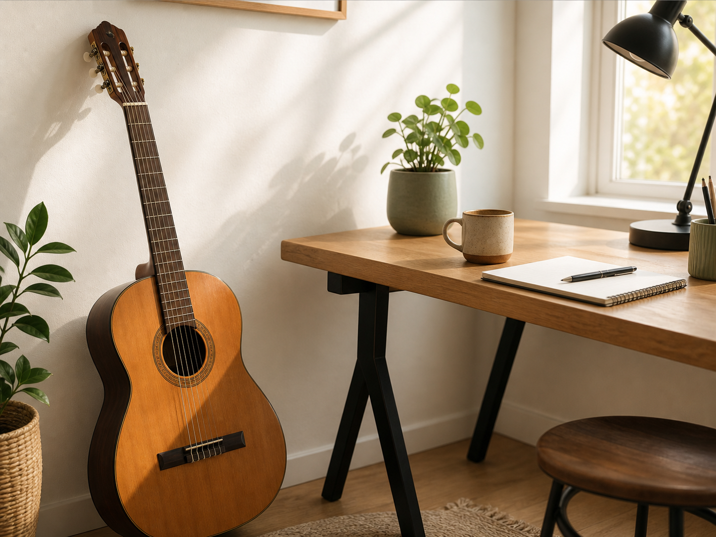 Guitare posée près d’un bureau lumineux avec carnet et café