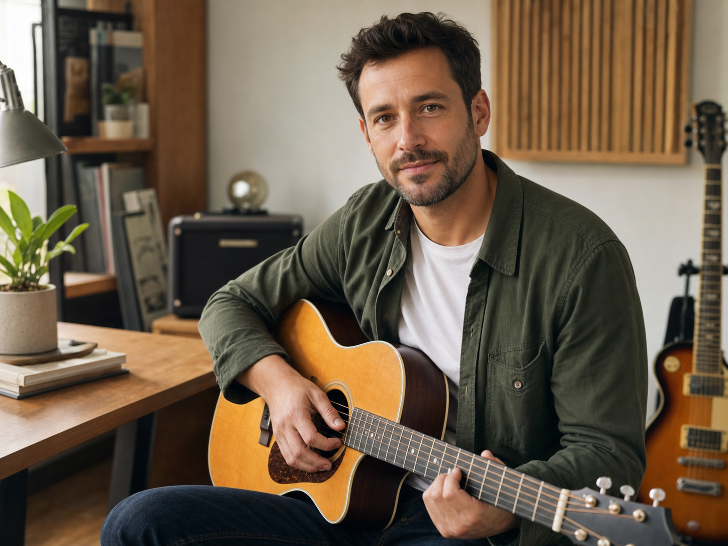Hugo Marceau, mon coach de guitare en ligne, assis dans son studio avec une guitare acoustique